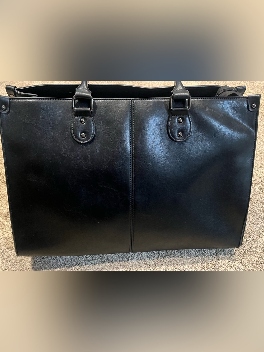 Sleek Black Leather Laptop Tote - Professional Work Bag